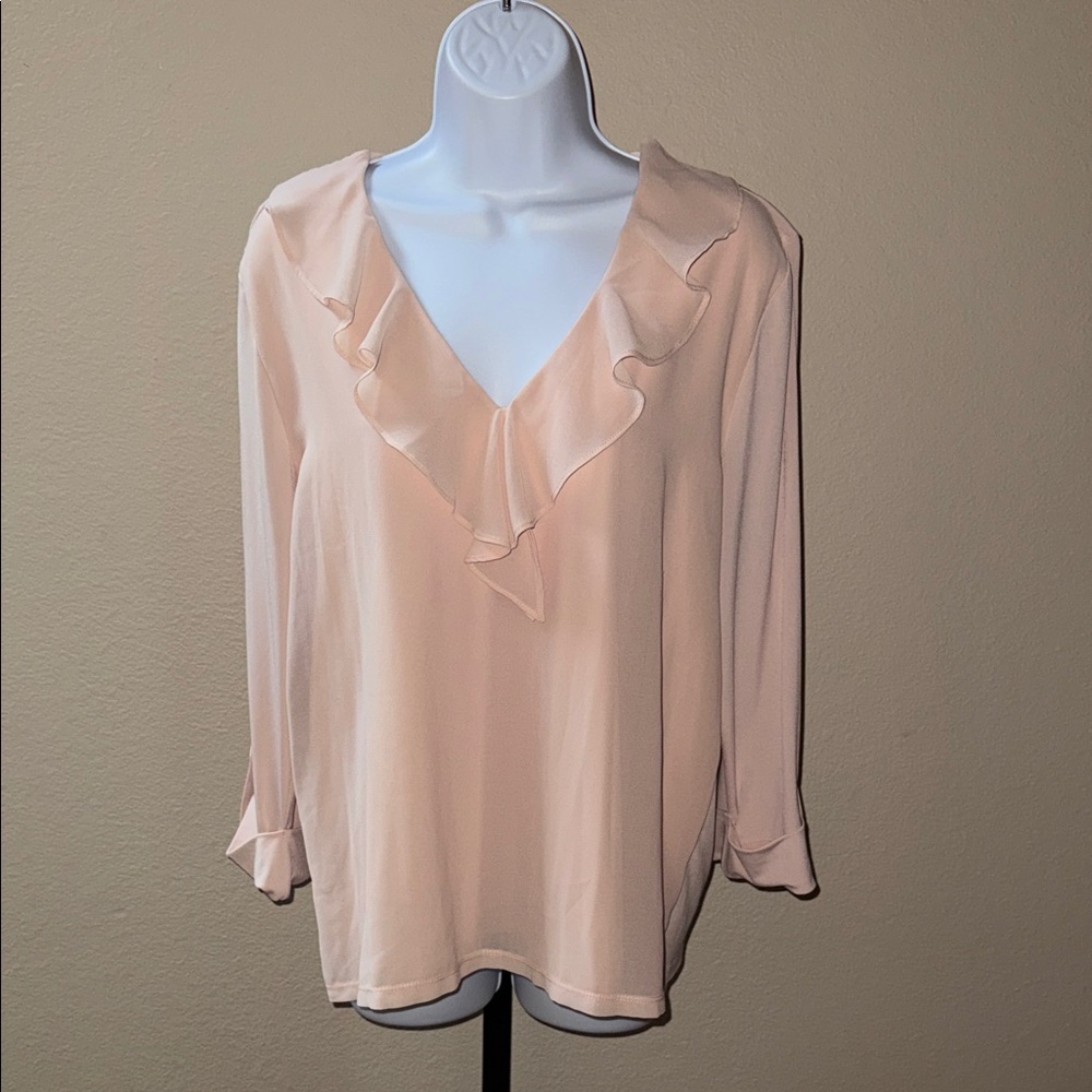 Karl Lagerfeld Soft Blush Chiffon Ruffle V-Neck Blouse Women’s Size L